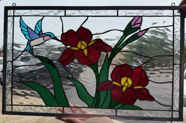 Beautiful Iris Flowers & Hummingbird Stained Glass Window Panel