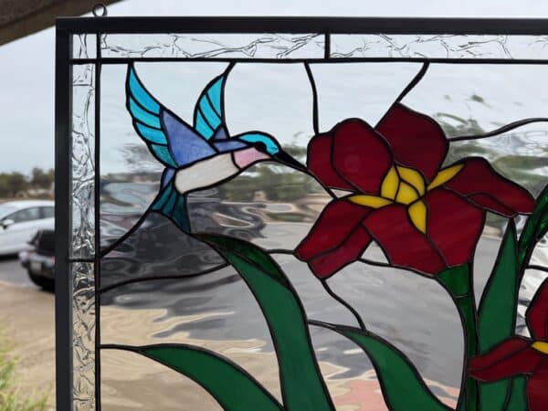 Beautiful Iris Flowers & Hummingbird Stained Glass Window Panel