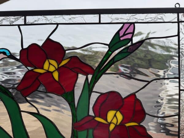 Beautiful Iris Flowers & Hummingbird Stained Glass Window Panel