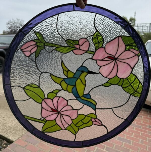 Hummingbird & Iris Circular Stained Glass Window Panel