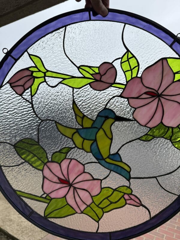 Hummingbird & Iris Circular Stained Glass Window Panel
