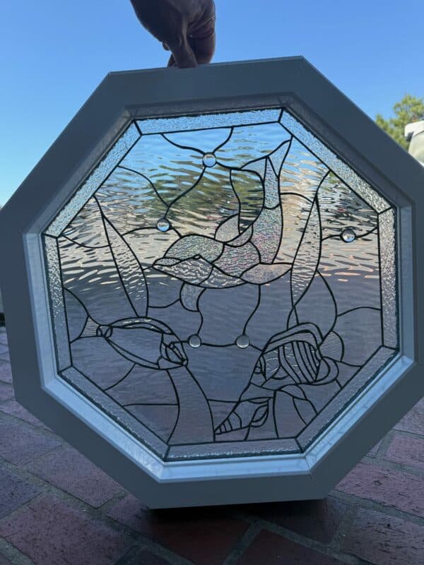 Irridecent Dolphin and Sealife Stained Glass Window Panel Insulated & Pre-installed Into Vinyl Frame