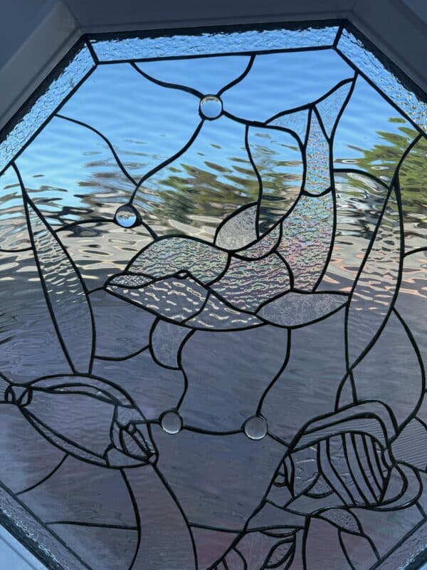 Irridecent Dolphin and Sealife Stained Glass Window Panel Insulated & Pre-installed Into Vinyl Frame
