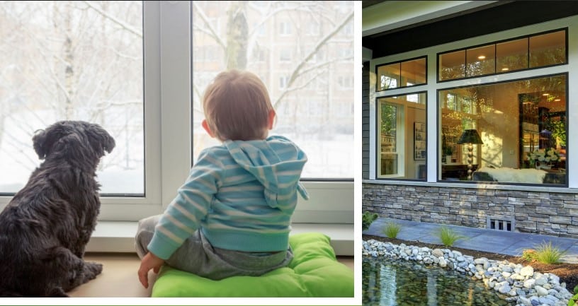 A large, modern, rectangular stained glass window composed of several clear and textured geometric panels, creating an architectural design.