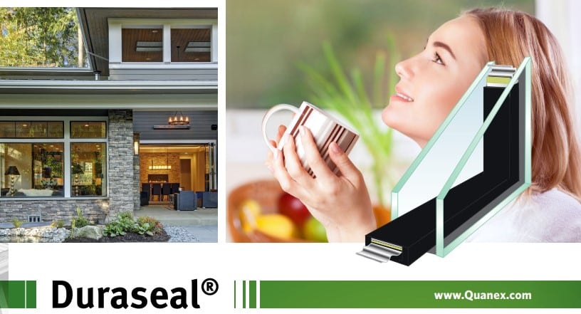 A composite image showing a cross-section of a Duraseal insulated glass unit with two clear glass panes and a flexible spacer, overlaid on a woman smelling a mug, next to a modern home with large clear windows.