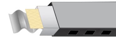 An exploded diagram illustrating the multi-layer construction of an insulated window unit, showing a corrugated layer, a diamond-patterned insulation layer, and an outer frame with vent holes.