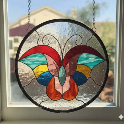 A circular, leaded stained glass panel depicting a colorful butterfly with patterned wings against a clear textured glass background, hanging by chains in a window.