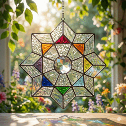 An 8-pointed star-shaped leaded stained glass suncatcher hanging in a sunny window, featuring clear textured glass, colorful triangular accents, and a central faceted clear jewel.
