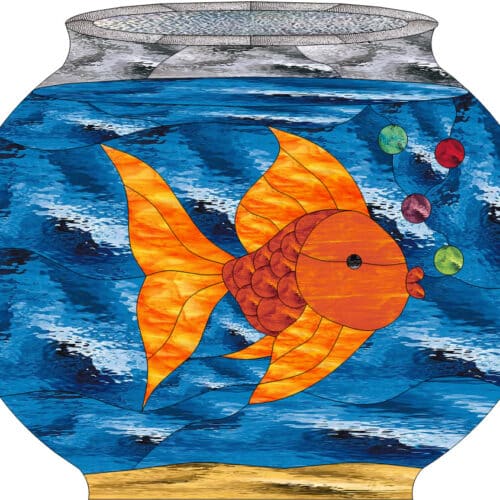 A leaded stained glass panel depicting a vibrant orange goldfish swimming in textured blue water within a fishbowl shape. Colorful bubbles rise from the fish, and the bottom of the bowl appears sandy.