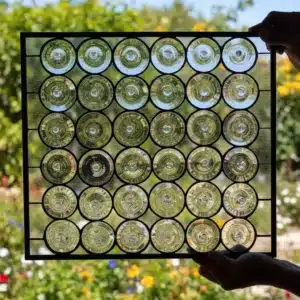 A square leaded stained glass panel featuring a grid of clear glass roundels, held by hands against a blurred green and yellow garden background.