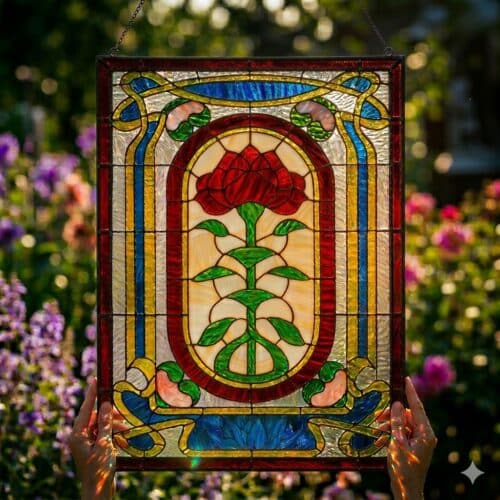 A rectangular leaded stained glass panel with a central red Art Nouveau rose design, framed by flowing blue, yellow, and clear textured glass elements.