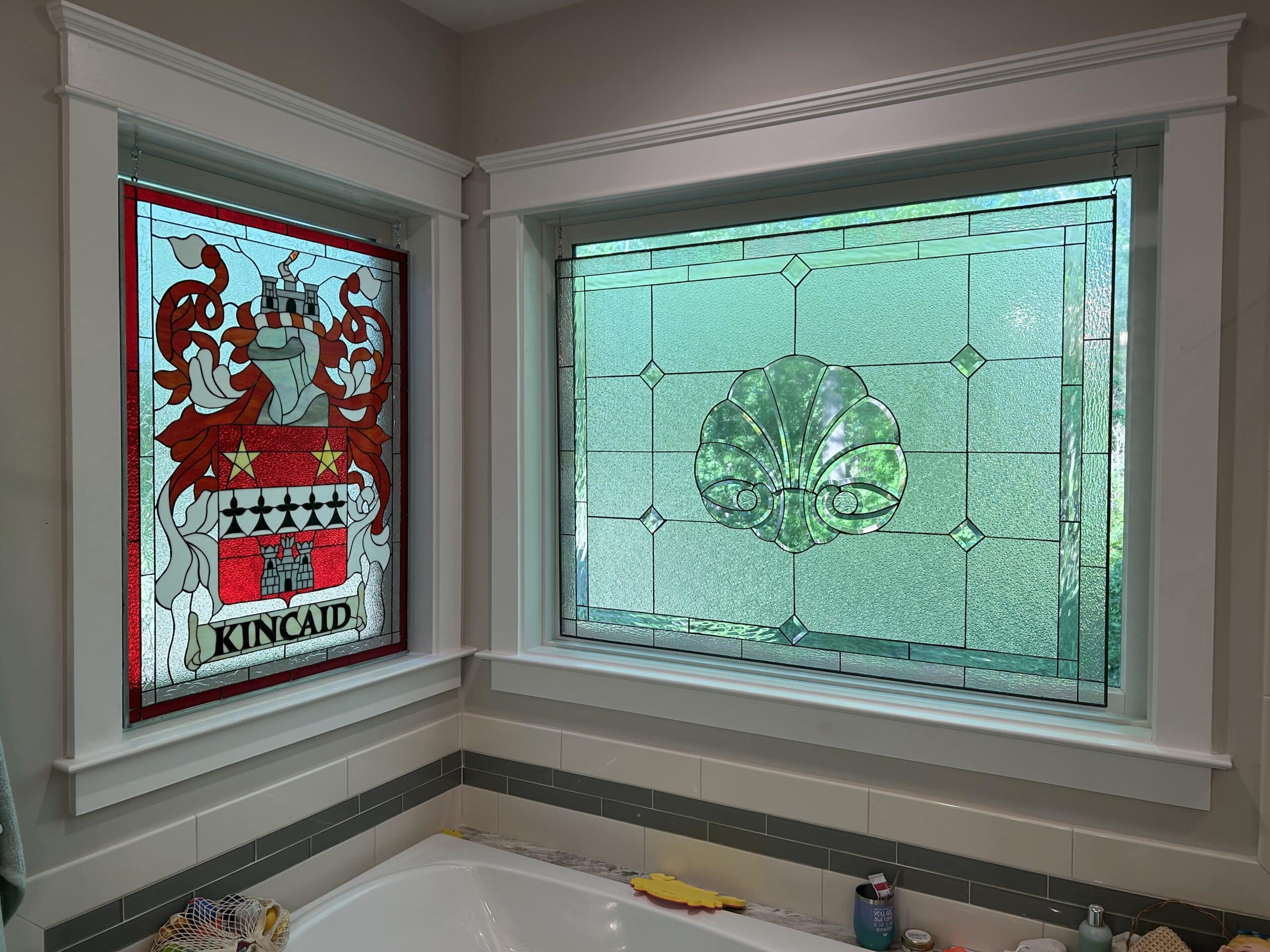 Custom Family Crest and Scallop Shell Bathroom Privacy Windows