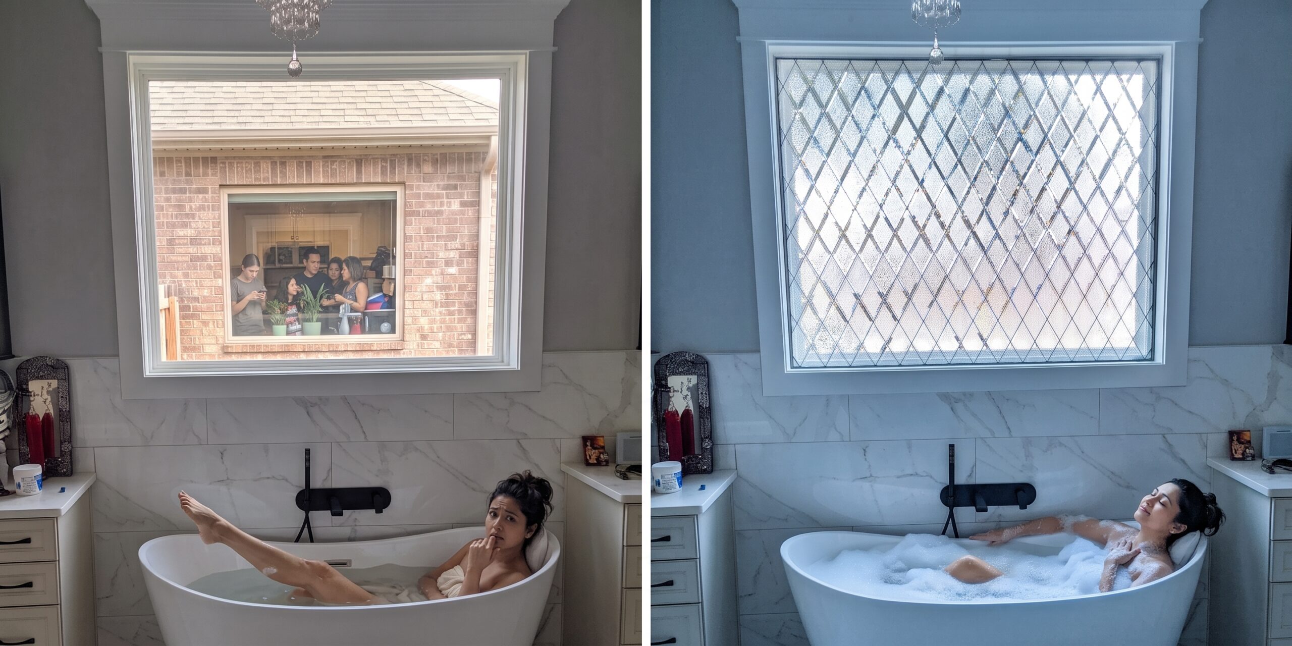 A rectangular window featuring clear textured glass with a diamond lattice pattern, installed for privacy in a bathroom, obscuring the view of an adjacent brick house.