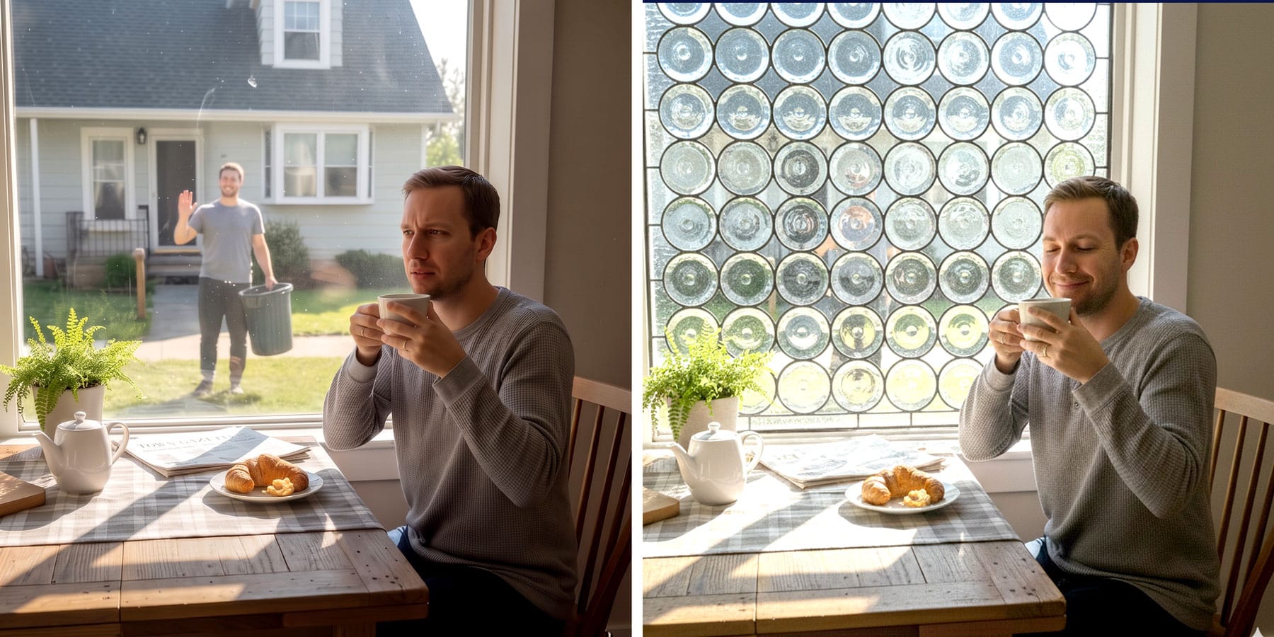 A side-by-side comparison image shows a man having coffee at a table by a window. On the left, the window is clear, revealing a person outside waving. On the right, the window is covered by a rectangular stained glass panel composed of numerous clear circular glass rondels, providing privacy, and the man looks content while sipping his coffee.